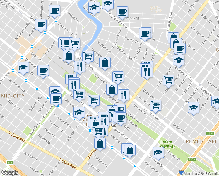 map of restaurants, bars, coffee shops, grocery stores, and more near 2902 Saint Peter Street in New Orleans