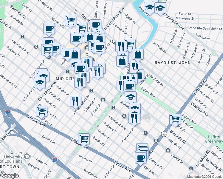 map of restaurants, bars, coffee shops, grocery stores, and more near 132 North Clark Street in New Orleans