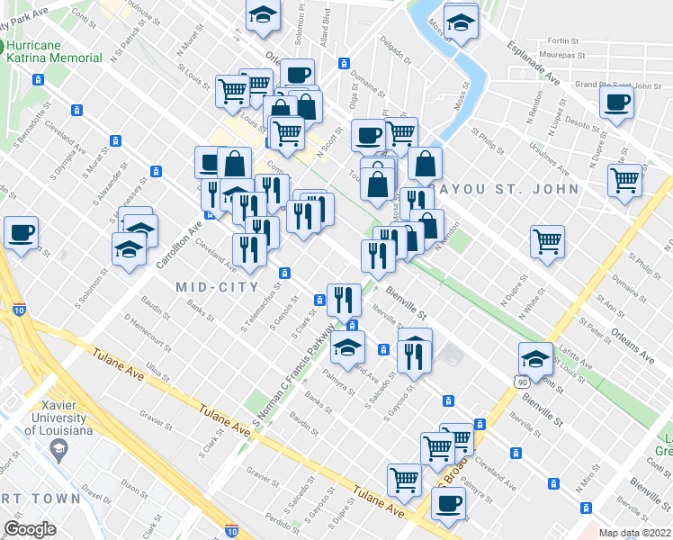 map of restaurants, bars, coffee shops, grocery stores, and more near 132 North Clark Street in New Orleans