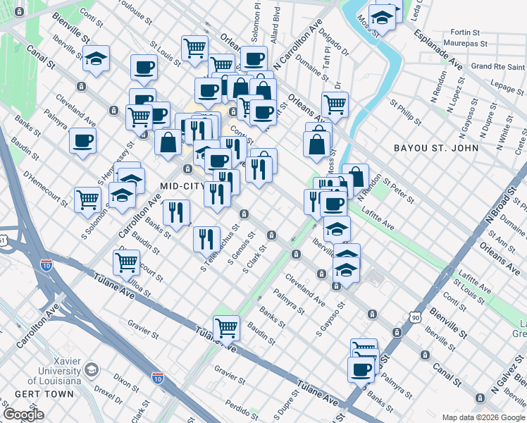 map of restaurants, bars, coffee shops, grocery stores, and more near 3603 Canal Street in New Orleans