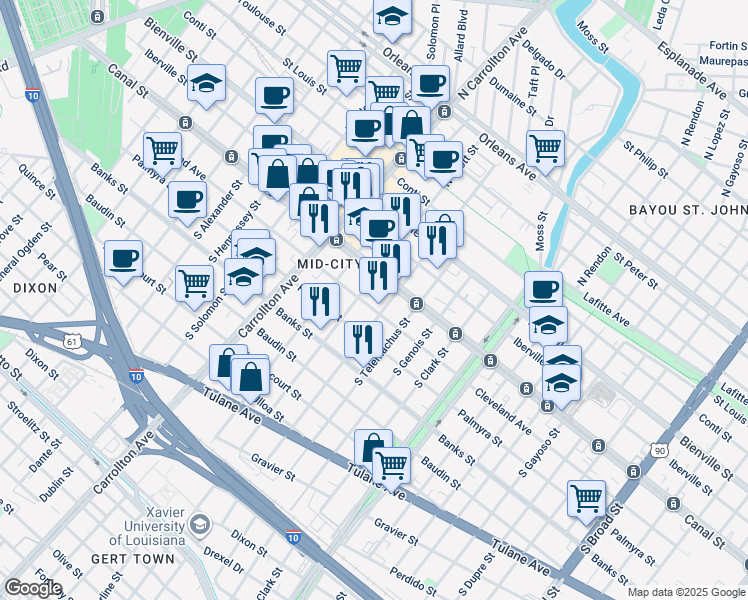 map of restaurants, bars, coffee shops, grocery stores, and more near in New Orleans