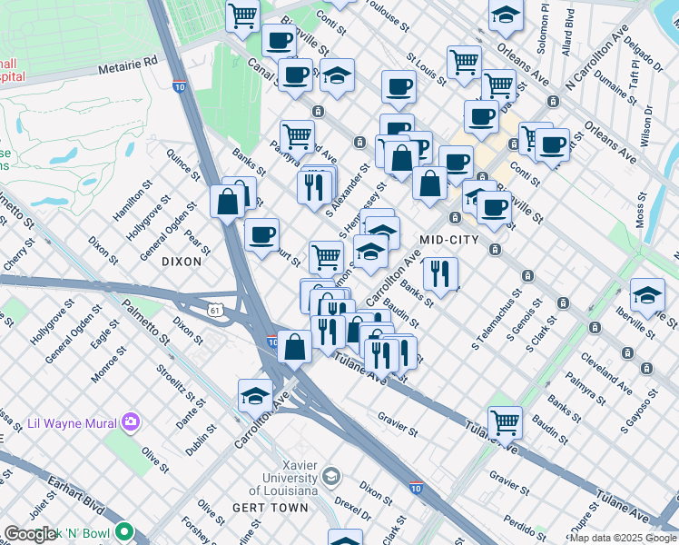 map of restaurants, bars, coffee shops, grocery stores, and more near 4210 D Hemecourt Street in New Orleans