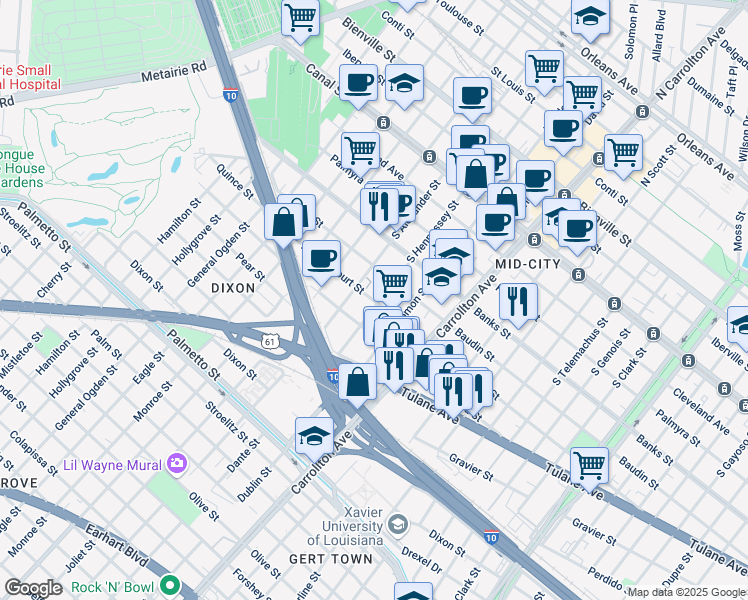 map of restaurants, bars, coffee shops, grocery stores, and more near 4210 D Hemecourt Street in New Orleans