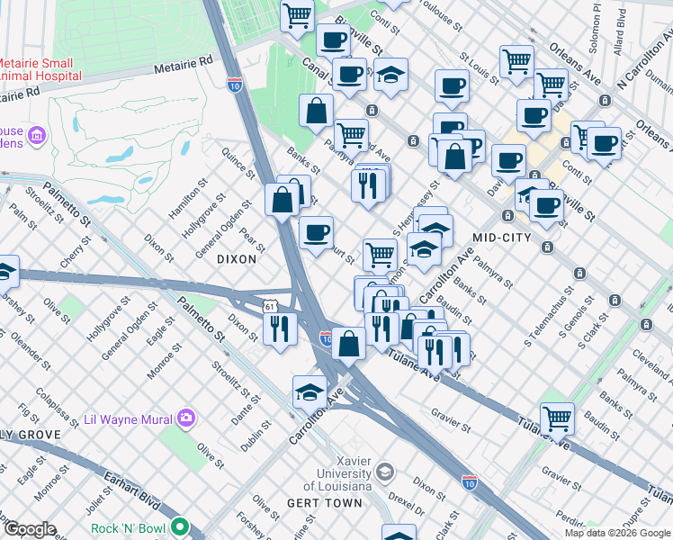 map of restaurants, bars, coffee shops, grocery stores, and more near 4313 Ulloa Street in New Orleans