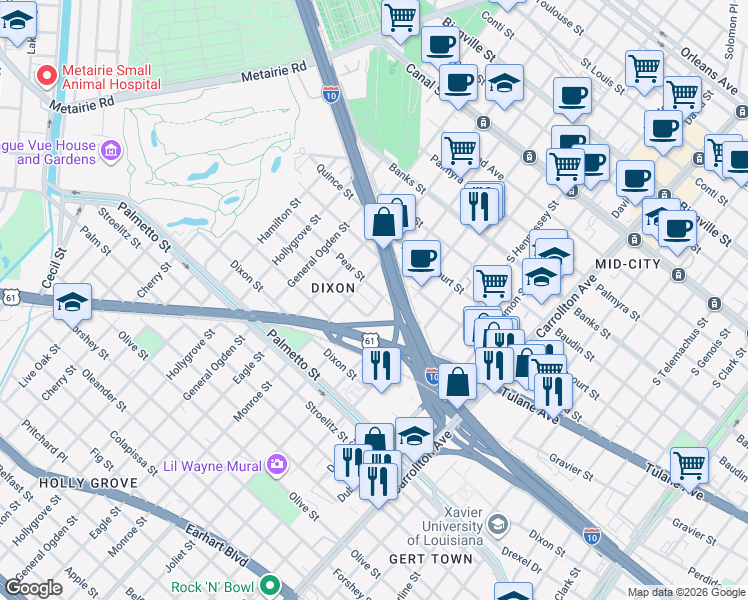 map of restaurants, bars, coffee shops, grocery stores, and more near 4133 Leonidas Street in New Orleans