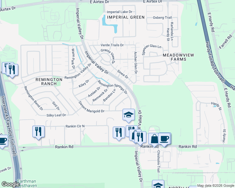map of restaurants, bars, coffee shops, grocery stores, and more near 803 Sun Lodge Drive in Houston