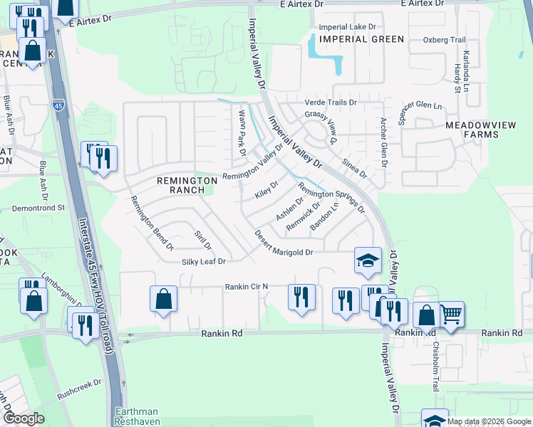 map of restaurants, bars, coffee shops, grocery stores, and more near 18814 Prairie Larkspur Drive in Houston