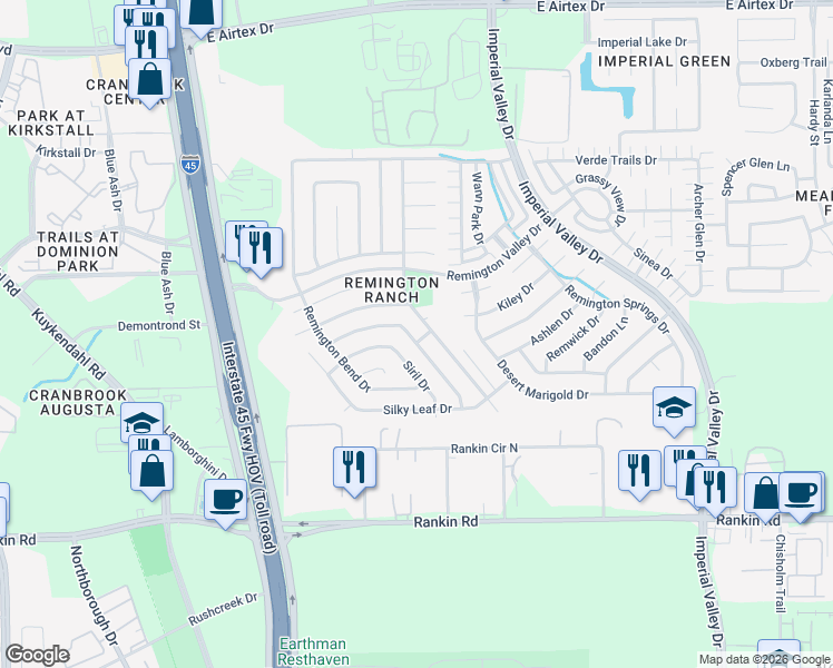 map of restaurants, bars, coffee shops, grocery stores, and more near 19043 Remington Mill Drive in Houston