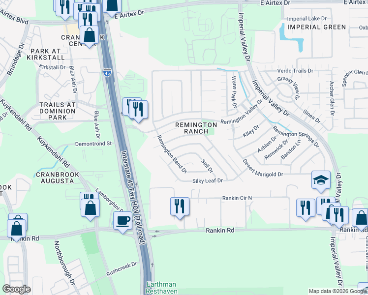 map of restaurants, bars, coffee shops, grocery stores, and more near 402 Mantova Drive in Houston