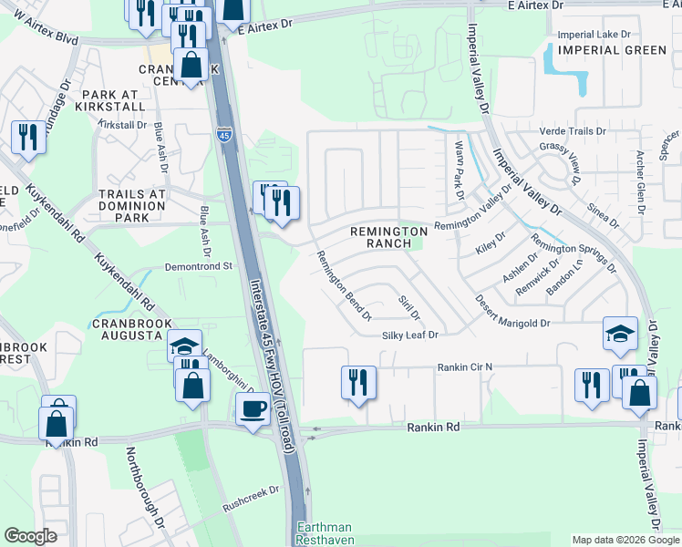 map of restaurants, bars, coffee shops, grocery stores, and more near 19115 Remington Bend Drive in Houston