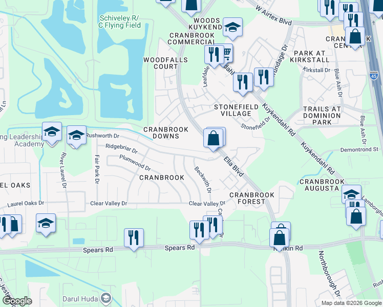 map of restaurants, bars, coffee shops, grocery stores, and more near 13942 Cantwell Drive in Houston