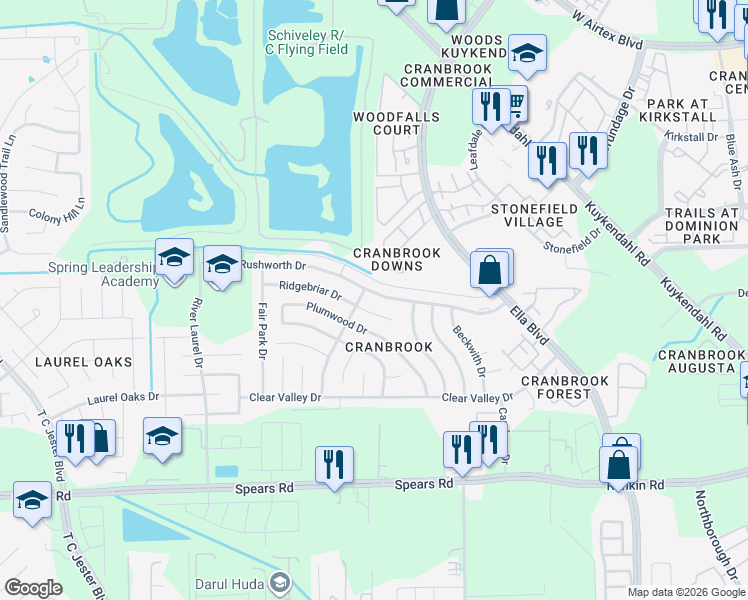 map of restaurants, bars, coffee shops, grocery stores, and more near 1531 Ridgebriar Drive in Houston