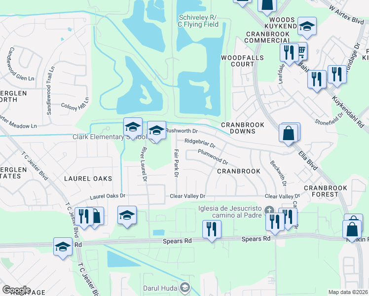 map of restaurants, bars, coffee shops, grocery stores, and more near 13914 Fair Park Drive in Houston