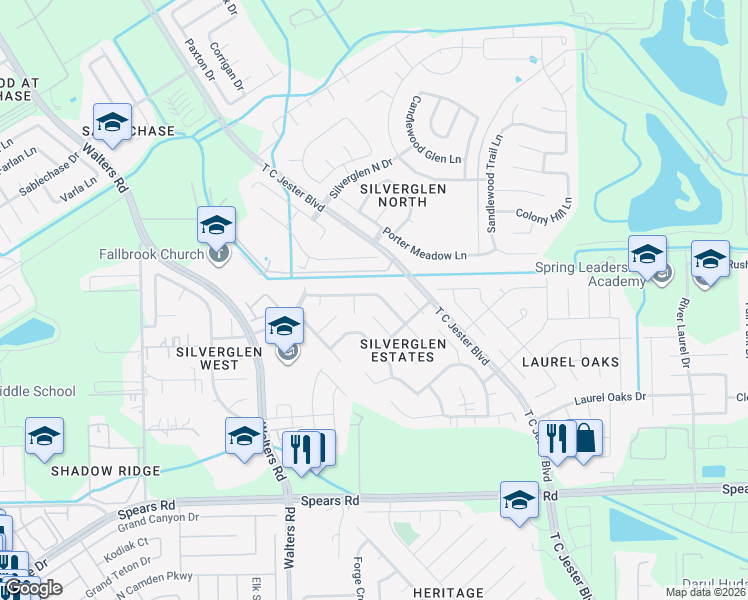map of restaurants, bars, coffee shops, grocery stores, and more near 12527 Silverwyck Drive in Houston