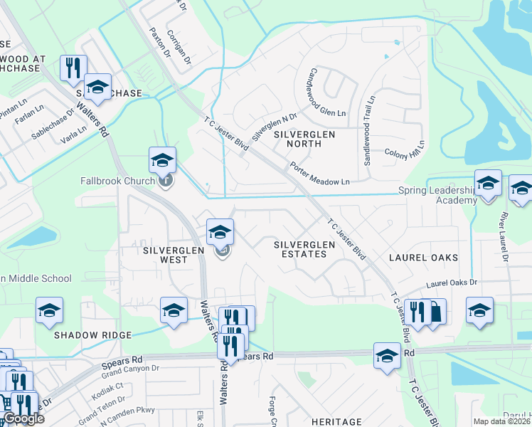 map of restaurants, bars, coffee shops, grocery stores, and more near 12410 Silverfield Lane in Houston
