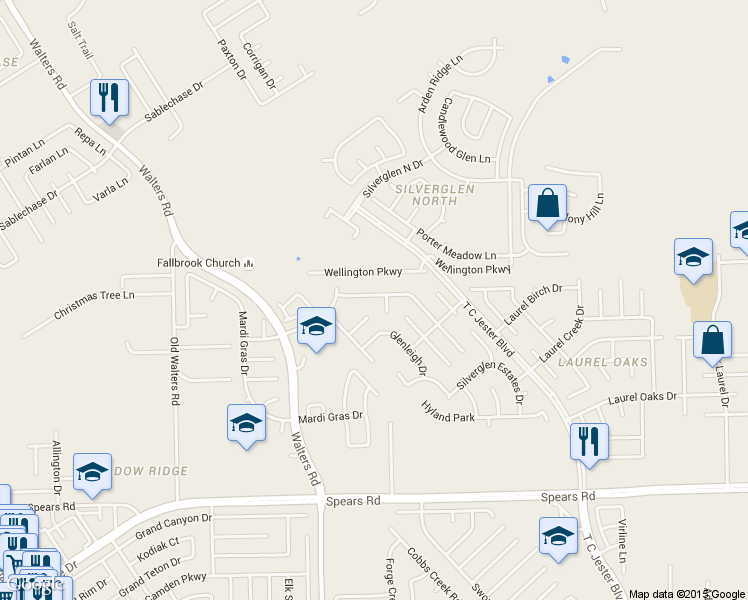 map of restaurants, bars, coffee shops, grocery stores, and more near 12410 Silverfield Lane in Houston