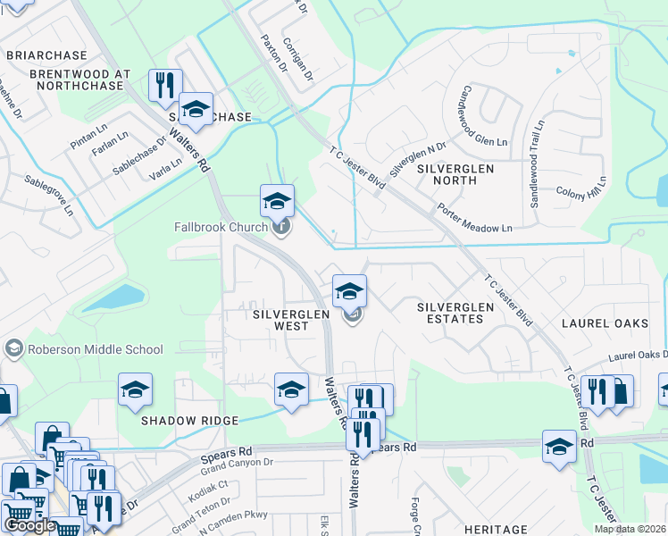 map of restaurants, bars, coffee shops, grocery stores, and more near 2826 Silver Tree in Houston