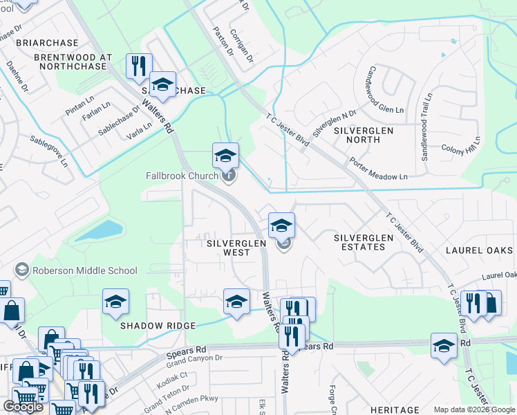 map of restaurants, bars, coffee shops, grocery stores, and more near 2826 Silver Tree in Houston