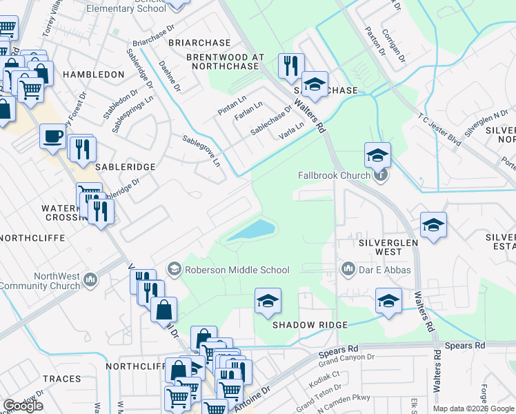 map of restaurants, bars, coffee shops, grocery stores, and more near Christmas Tree Lane in Houston