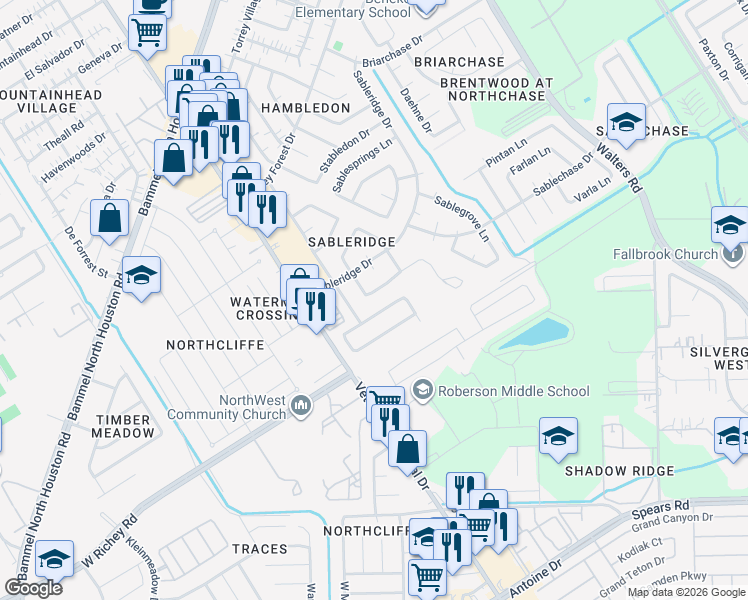 map of restaurants, bars, coffee shops, grocery stores, and more near 13402 Sable Lane in Houston