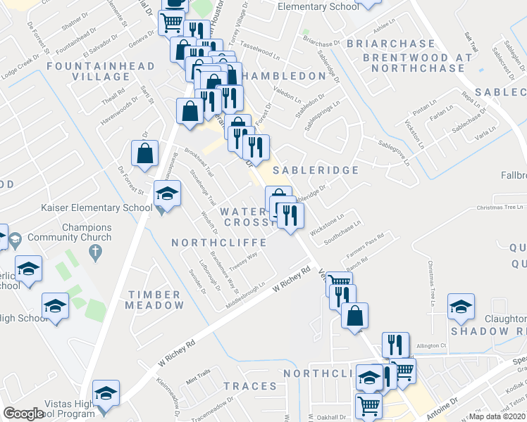 map of restaurants, bars, coffee shops, grocery stores, and more near 12971 Blackpool Lane in Houston