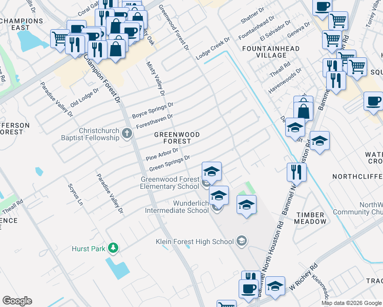 map of restaurants, bars, coffee shops, grocery stores, and more near 5426 Spanish Oak Drive in Houston