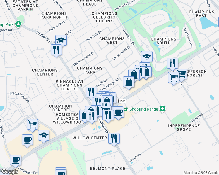 map of restaurants, bars, coffee shops, grocery stores, and more near 915 Champions Park Drive in Houston