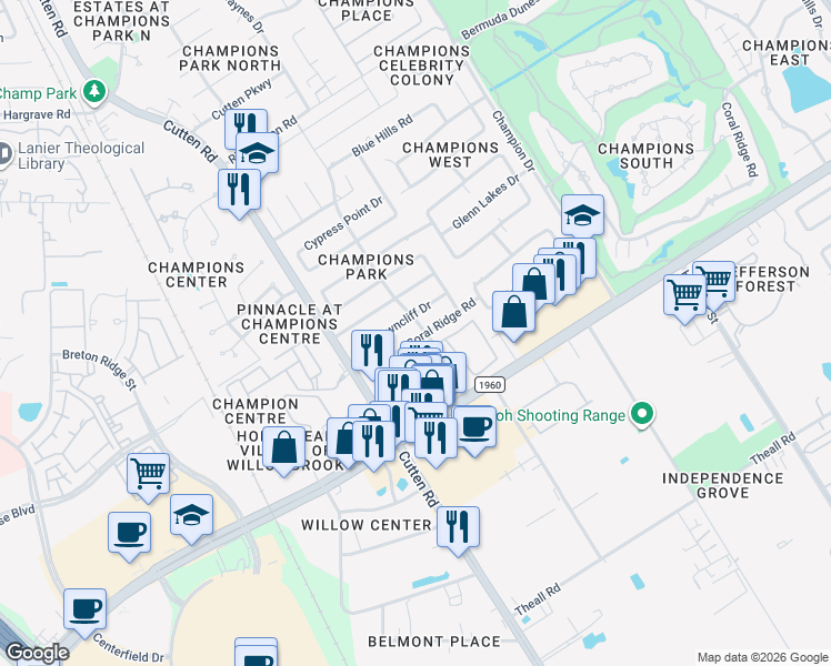 map of restaurants, bars, coffee shops, grocery stores, and more near 6823 Coral Ridge Road in Houston