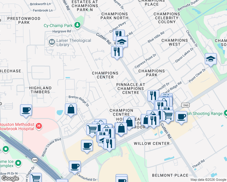 map of restaurants, bars, coffee shops, grocery stores, and more near 13406 Park Centre Court in Houston