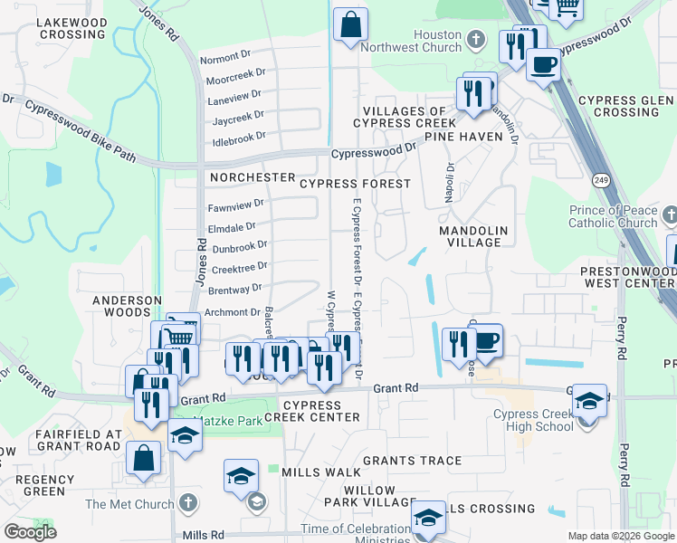 map of restaurants, bars, coffee shops, grocery stores, and more near 13519 East Cypress Forest Drive in Houston