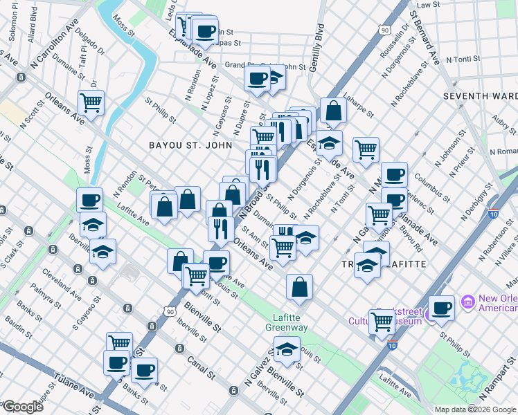 map of restaurants, bars, coffee shops, grocery stores, and more near 2630 Dumaine Street in New Orleans