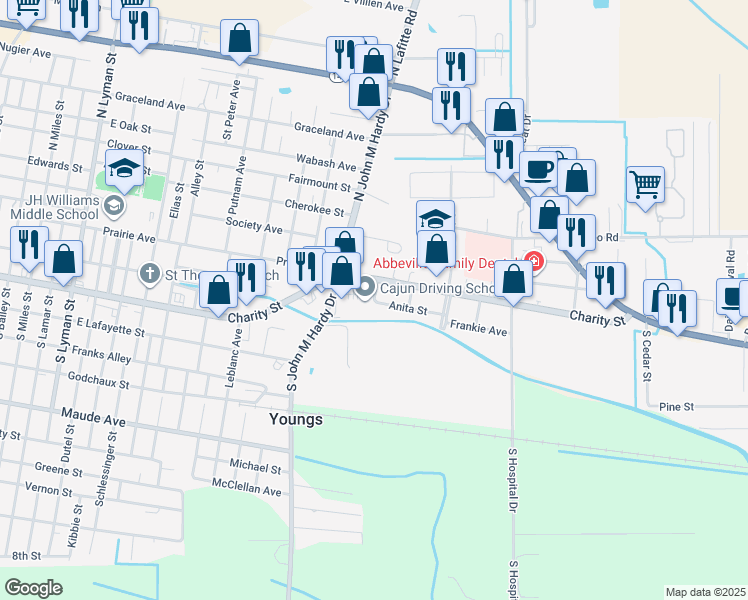 map of restaurants, bars, coffee shops, grocery stores, and more near 2200 Anita Street in Abbeville