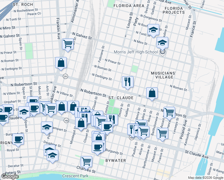 map of restaurants, bars, coffee shops, grocery stores, and more near 1514 Piety Street in New Orleans