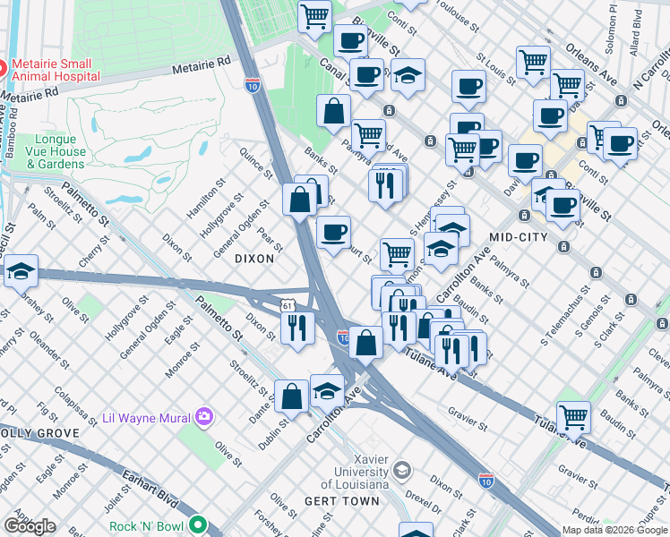 map of restaurants, bars, coffee shops, grocery stores, and more near 701 South Alexander Street in New Orleans
