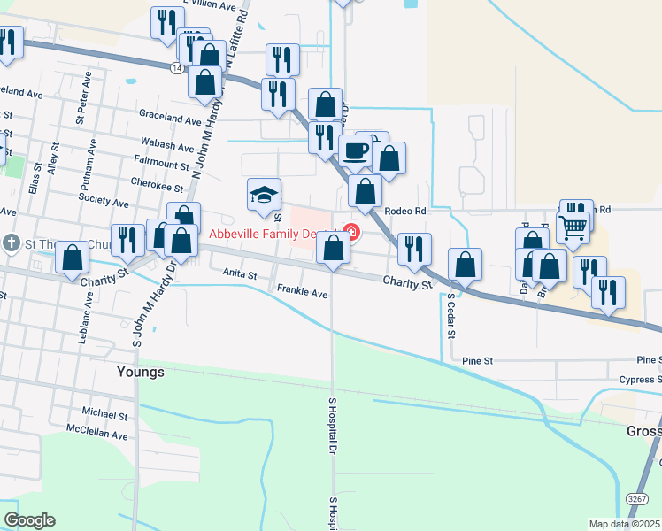 map of restaurants, bars, coffee shops, grocery stores, and more near 118 North Hospital Drive in Abbeville