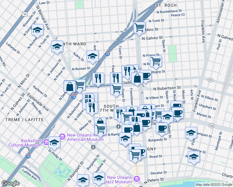 map of restaurants, bars, coffee shops, grocery stores, and more near 2135 Pauger Street in New Orleans