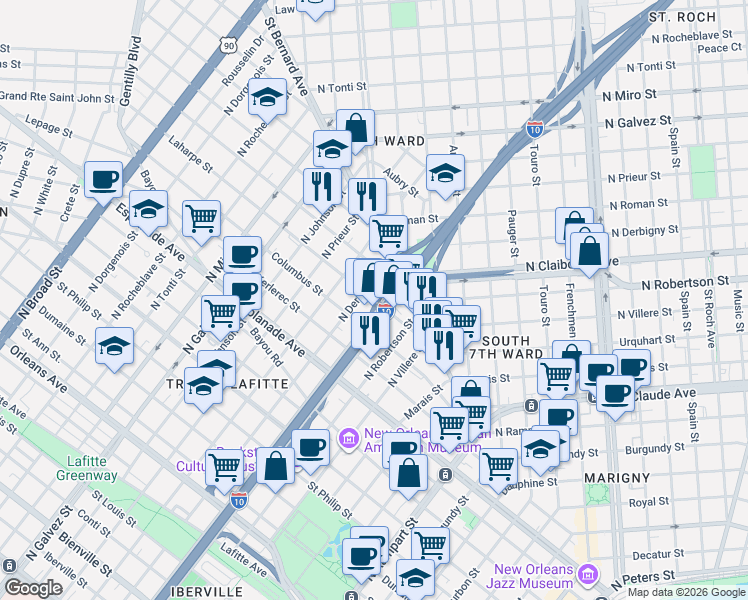 map of restaurants, bars, coffee shops, grocery stores, and more near 1611 Columbus Street in New Orleans