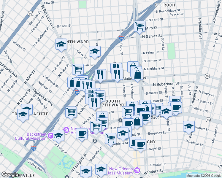 map of restaurants, bars, coffee shops, grocery stores, and more near 1813 North Villere Street in New Orleans