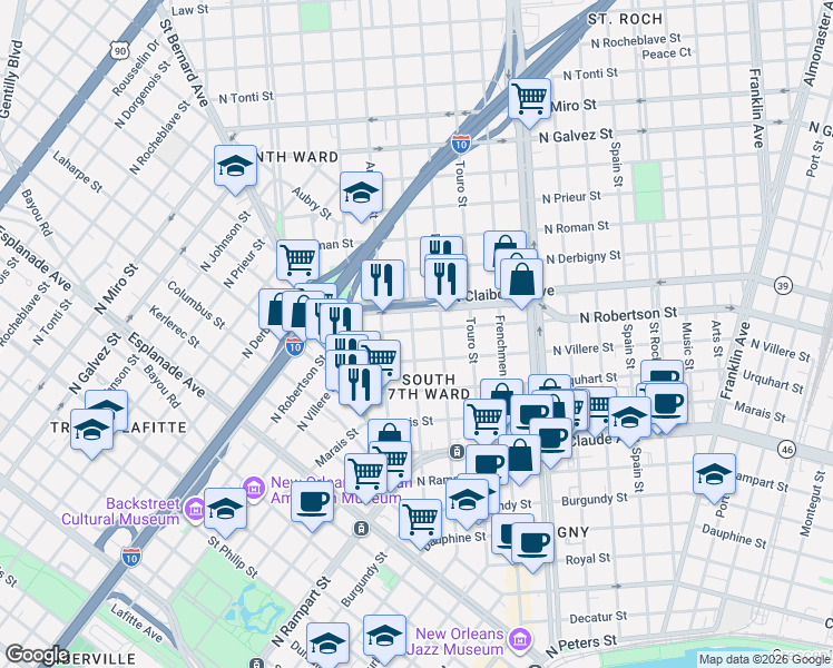 map of restaurants, bars, coffee shops, grocery stores, and more near 1813 North Villere Street in New Orleans