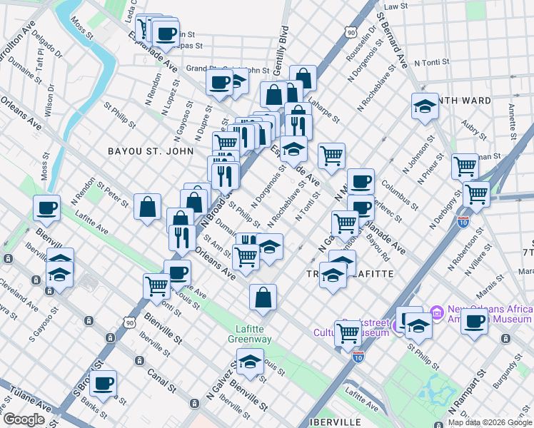 map of restaurants, bars, coffee shops, grocery stores, and more near 1010 North Rocheblave Street in New Orleans