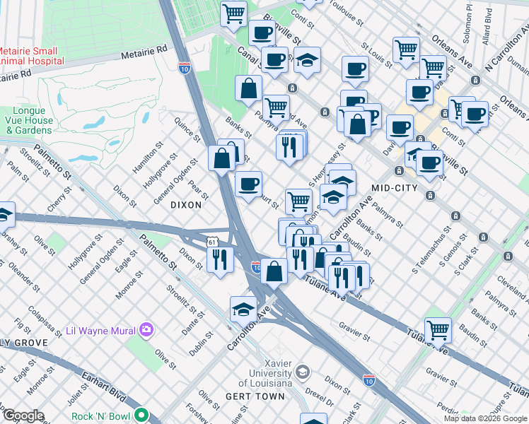 map of restaurants, bars, coffee shops, grocery stores, and more near 4313 Ulloa Street in New Orleans