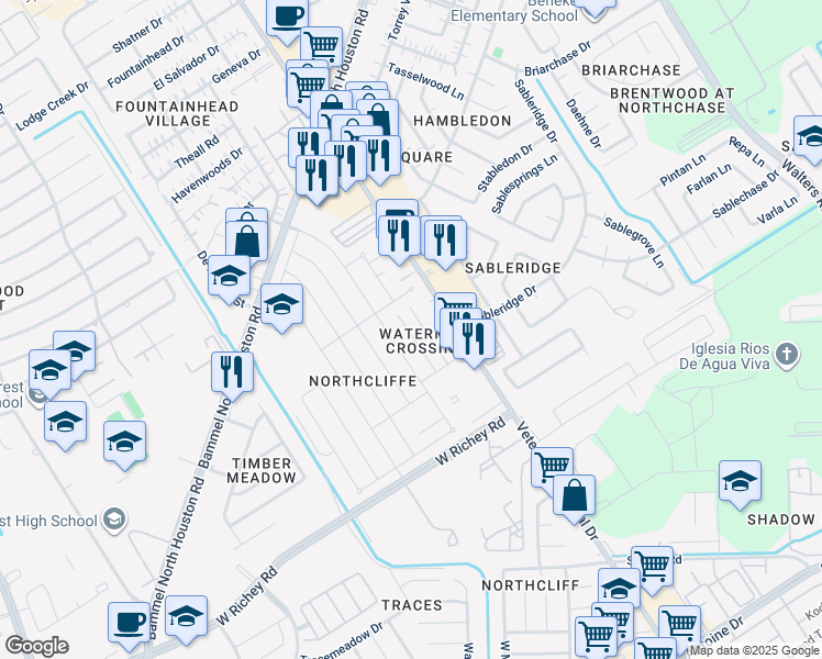 map of restaurants, bars, coffee shops, grocery stores, and more near 4138 Brookhead Trail in Houston