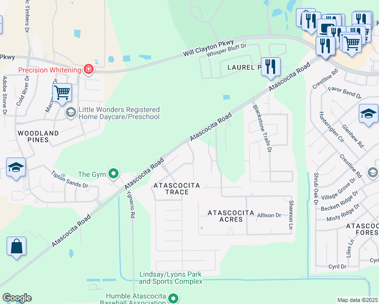 map of restaurants, bars, coffee shops, grocery stores, and more near 17435 Wigeon Way Drive in Humble