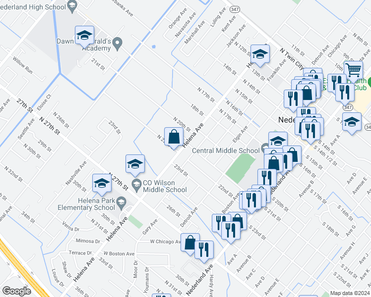 map of restaurants, bars, coffee shops, grocery stores, and more near 2107 Helena Avenue in Nederland