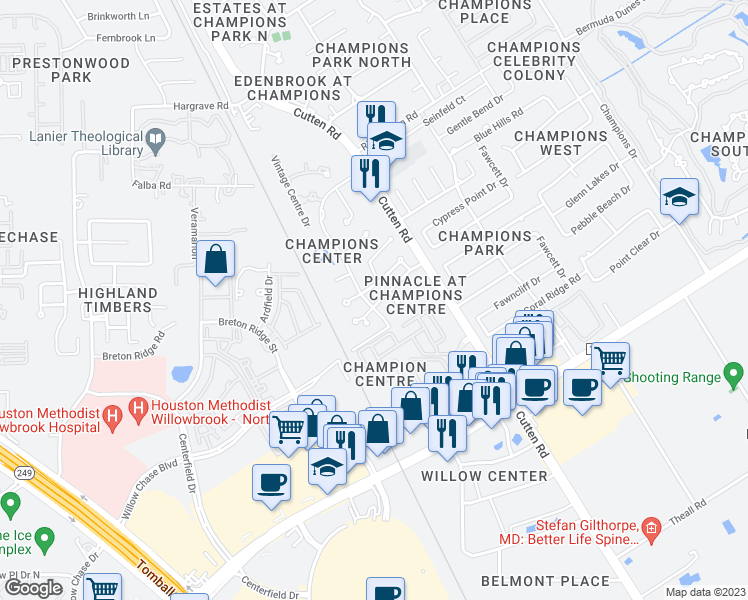 map of restaurants, bars, coffee shops, grocery stores, and more near 13322 Champions Centre Drive in Houston