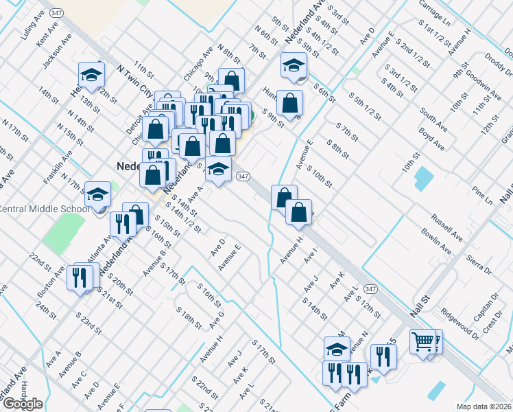 map of restaurants, bars, coffee shops, grocery stores, and more near 607 South 13th Street in Nederland