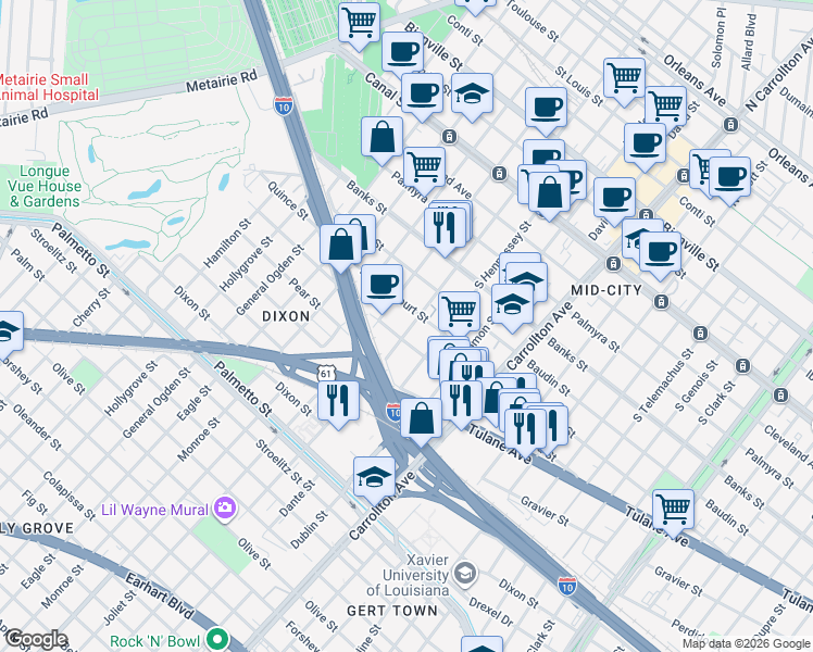 map of restaurants, bars, coffee shops, grocery stores, and more near 4313 Ulloa Street in New Orleans