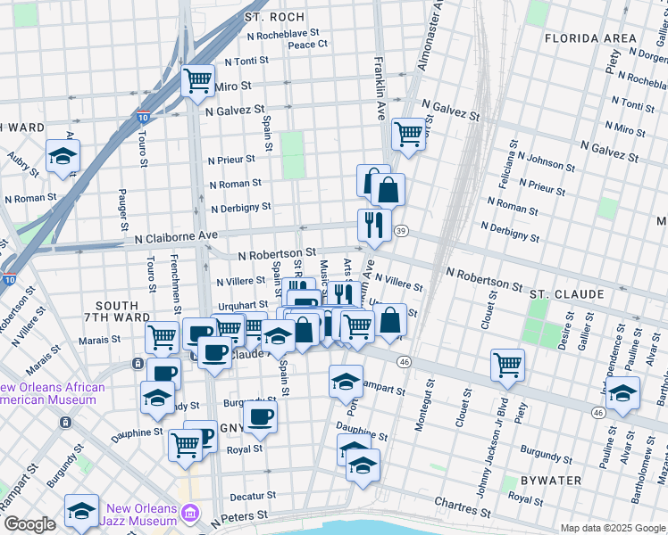 map of restaurants, bars, coffee shops, grocery stores, and more near 2449 North Villere Street in New Orleans