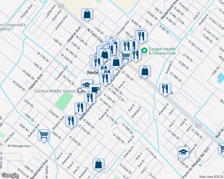 map of restaurants, bars, coffee shops, grocery stores, and more near 208 1/2 14th Street in Nederland
