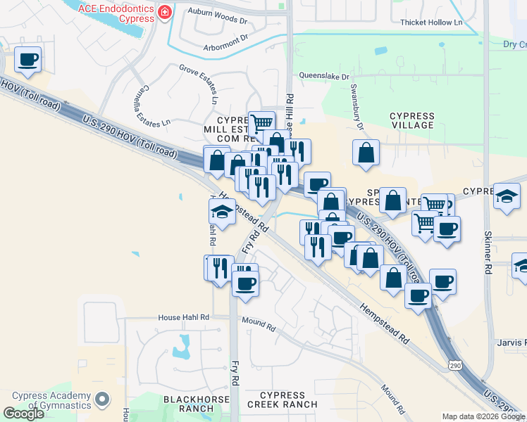map of restaurants, bars, coffee shops, grocery stores, and more near 26251 Northwest Freeway in Cypress